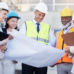 Architect, building and construction team with blueprint in planning strategy, meeting or project l.