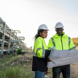Young mechanical engineer holding blueprint drawing to checking and inspection gas pipeline system new construction project of industrial.